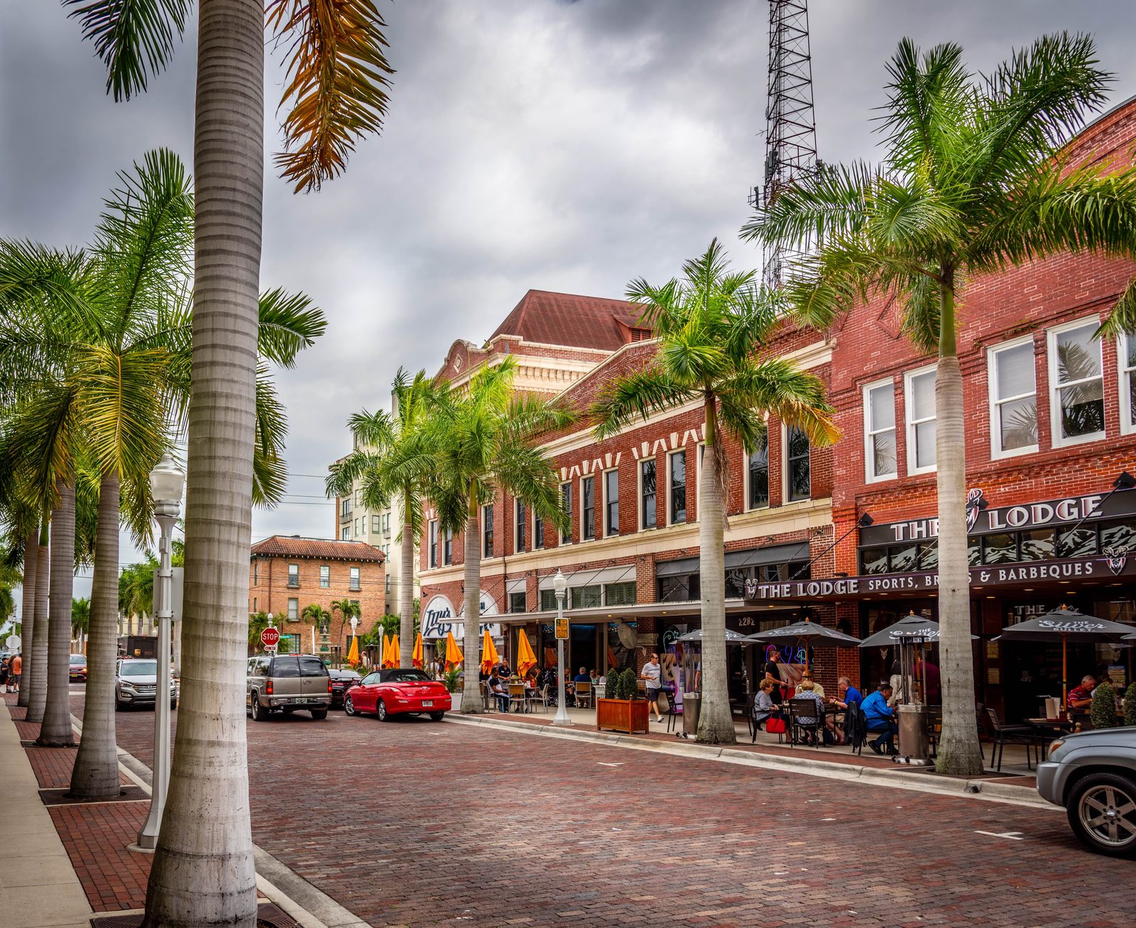 Downtown Fort Myers with shops, restaurants, and palm-lined streets